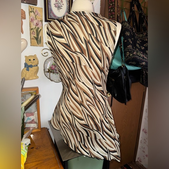 Y2K A. Byer Brown Black & Cream Print asymmetrical cowl neck sleeveless Top - Picture 3 of 5